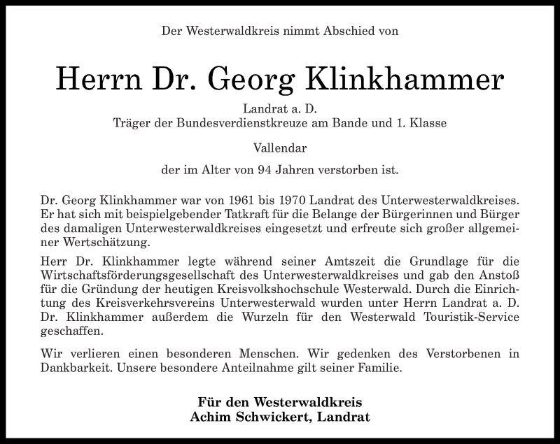  Traueranzeige für Georg Klinkhammer vom 17.06.2020 aus Westerwälder Zeitung