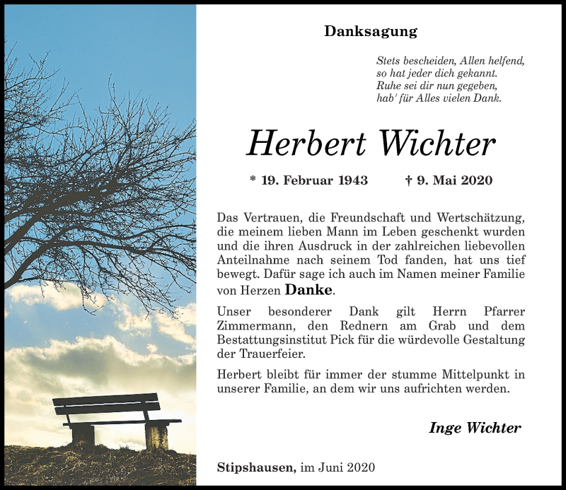  Traueranzeige für Herbert Wichter vom 25.06.2020 aus Nahe-Zeitung