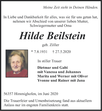 Traueranzeige von Hilde Beilstein von Rhein-Lahn-Zeitung