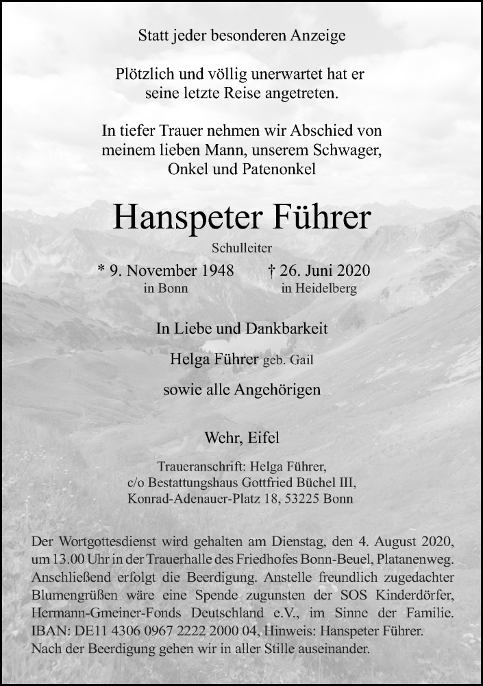  Traueranzeige für Hanspeter Führer vom 30.07.2020 aus Rhein-Zeitung