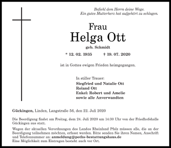 Traueranzeige von Helga Ott von Rhein-Lahn-Zeitung