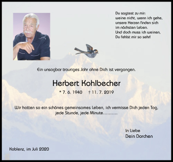 Traueranzeige von Herbert Kohlbecher von Rhein-Zeitung