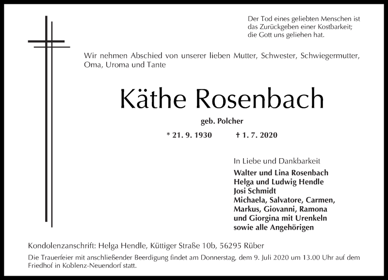 Traueranzeigen von Käthe Rosenbach | rz-trauer.de