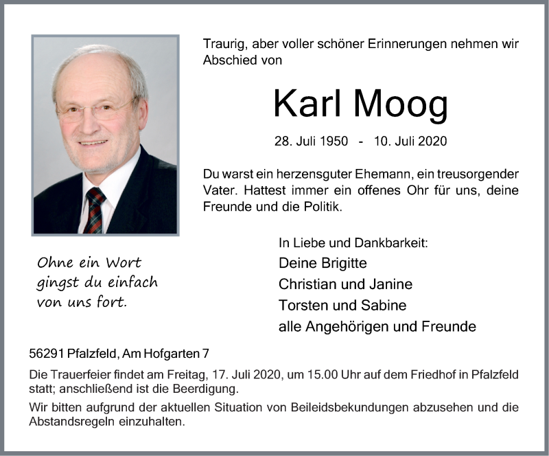  Traueranzeige für Karl Moog vom 14.07.2020 aus Rhein-Hunsrück-Zeitung