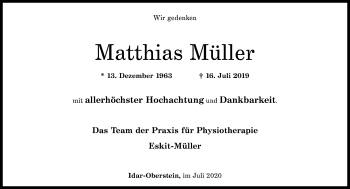Traueranzeige von Matthias Müller von Nahe-Zeitung