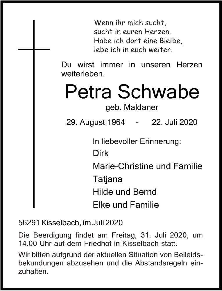  Traueranzeige für Petra Schwabe vom 25.07.2020 aus Rhein-Hunsrück-Zeitung