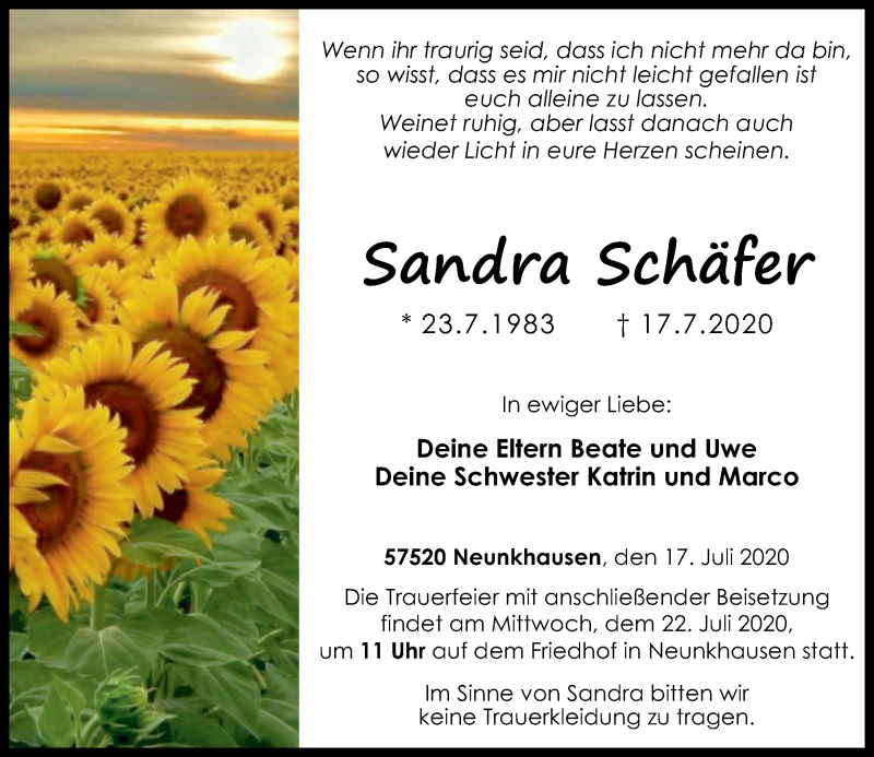  Traueranzeige für Sandra Schäfer vom 20.07.2020 aus Rhein-Zeitung