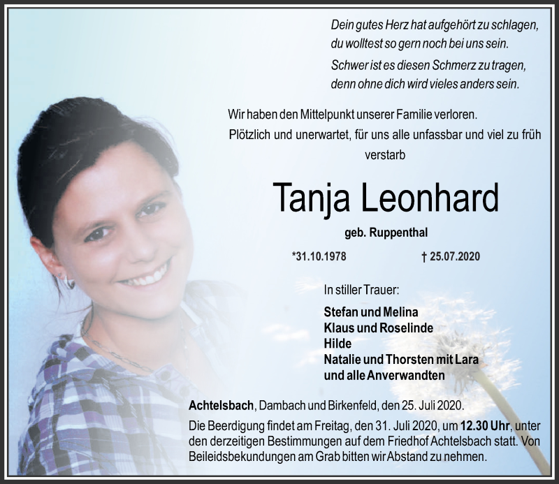  Traueranzeige für Tanja Leonhard vom 29.07.2020 aus Nahe-Zeitung