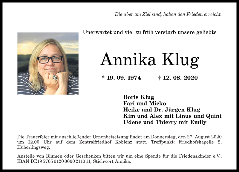 Traueranzeige für Annika Klug vom 22.08.2020 aus Rhein-Zeitung