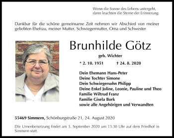 Traueranzeigen von Brunhilde Götz | rz-trauer.de