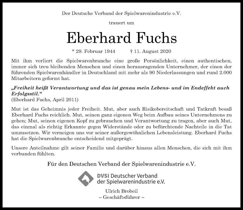  Traueranzeige für Eberhard Fuchs vom 17.08.2020 aus Nahe-Zeitung