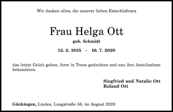 Traueranzeige von Helga Ott von Rhein-Lahn-Zeitung