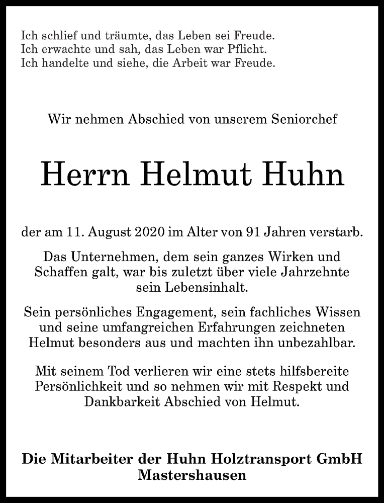  Traueranzeige für Helmut Huhn vom 15.08.2020 aus Rhein-Zeitung