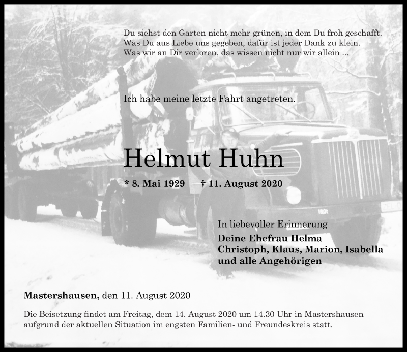  Traueranzeige für Helmut Huhn vom 13.08.2020 aus Rhein-Zeitung