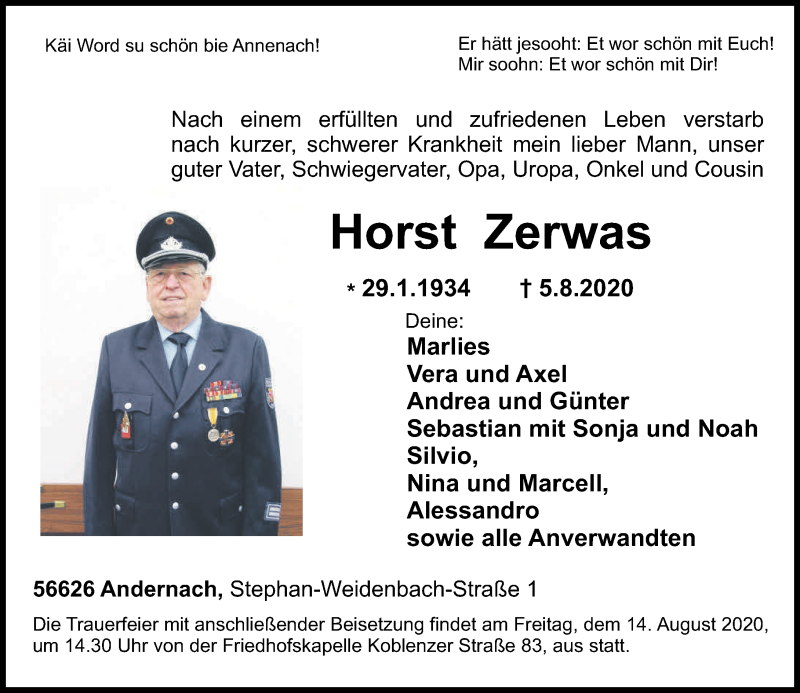  Traueranzeige für Horst Zerwas vom 08.08.2020 aus Rhein-Zeitung