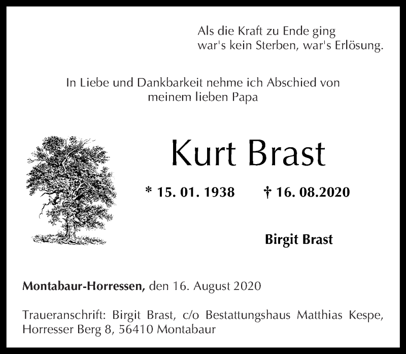  Traueranzeige für Kurt Brast vom 22.08.2020 aus Westerwälder Zeitung