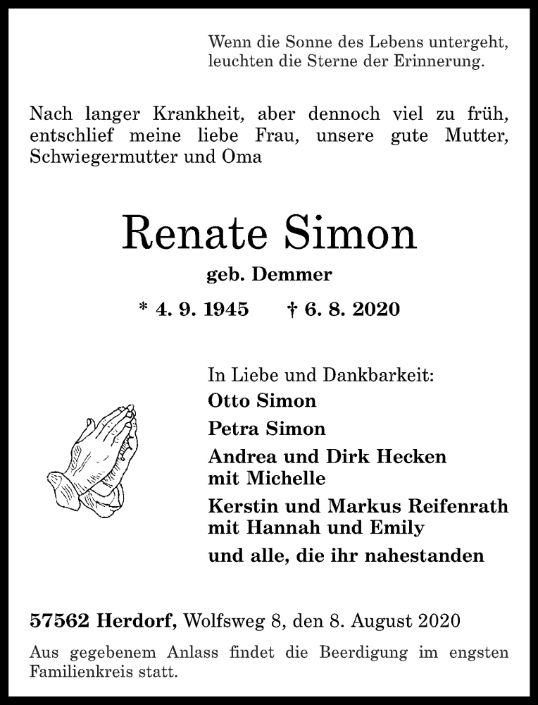  Traueranzeige für Renate Simon vom 08.08.2020 aus Rhein-Zeitung