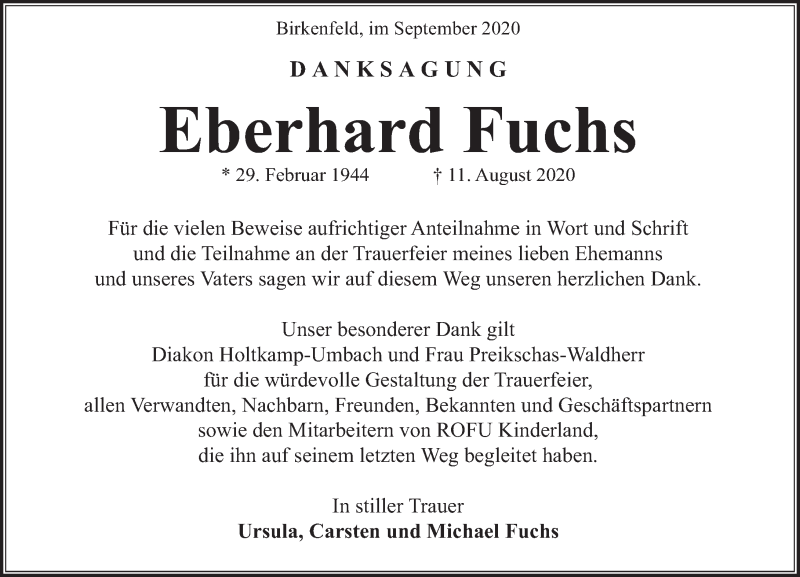  Traueranzeige für Eberhard Fuchs vom 05.09.2020 aus Nahe-Zeitung