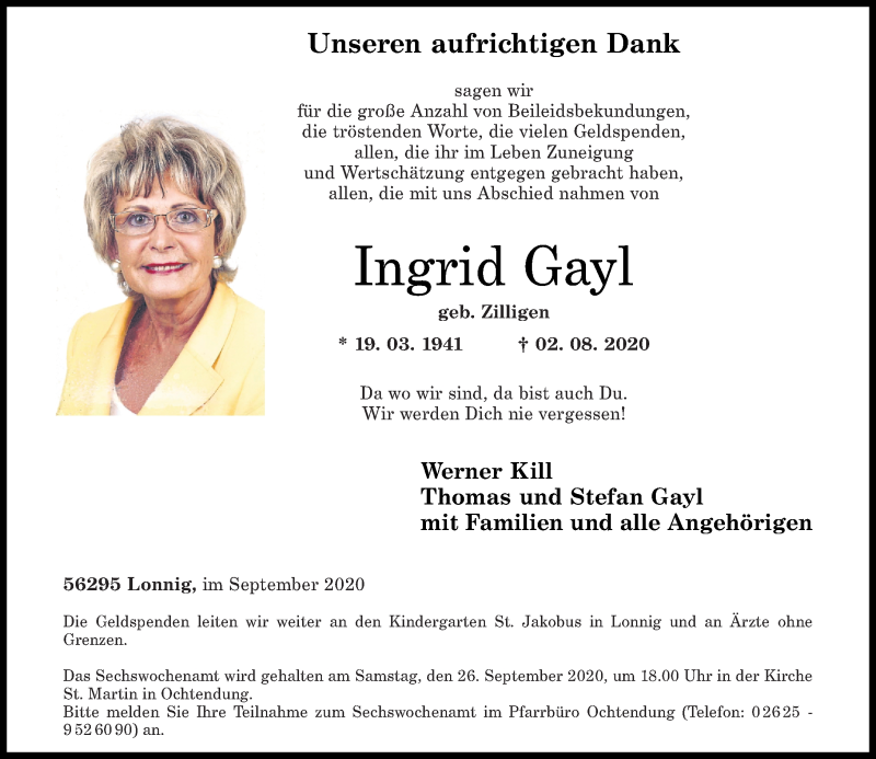 Traueranzeigen von Ingrid Gayl | rz-trauer.de