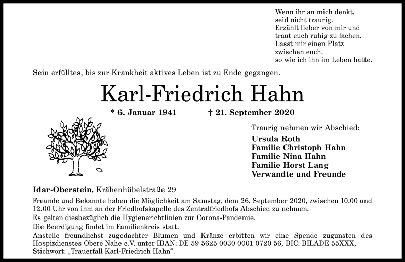  Traueranzeige für Karl-Friedrich Hahn vom 24.09.2020 aus Nahe-Zeitung