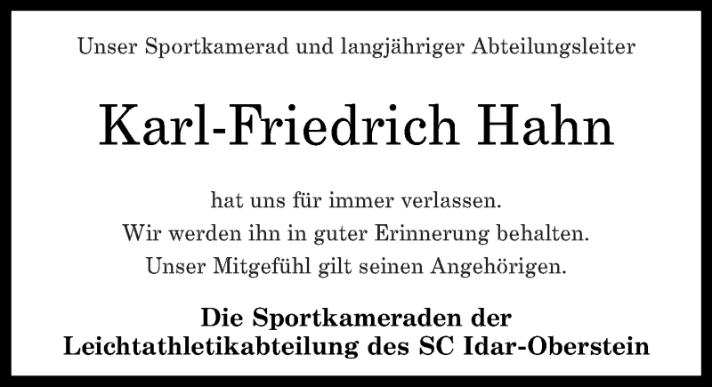  Traueranzeige für Karl-Friedrich Hahn vom 26.09.2020 aus Nahe-Zeitung