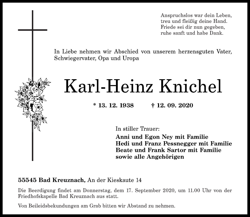  Traueranzeige für Karl-Heinz Knichel vom 15.09.2020 aus Oeffentlicher Anzeiger