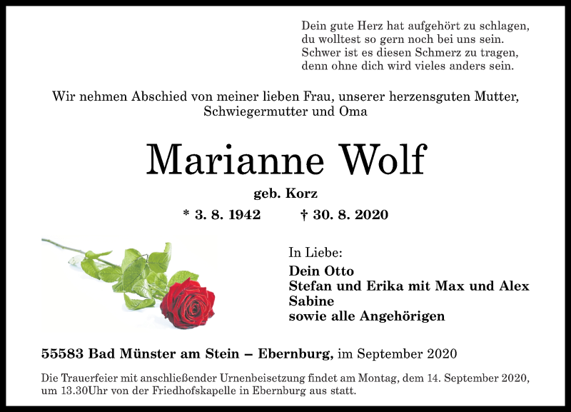  Traueranzeige für Marianne Wolf vom 12.09.2020 aus Oeffentlicher Anzeiger