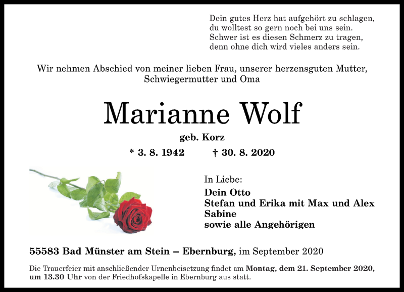  Traueranzeige für Marianne Wolf vom 14.09.2020 aus Oeffentlicher Anzeiger