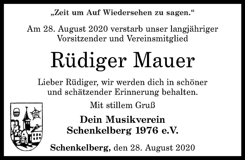 Traueranzeige für Rüdiger Mauer vom 05.09.2020 aus Westerwälder Zeitung