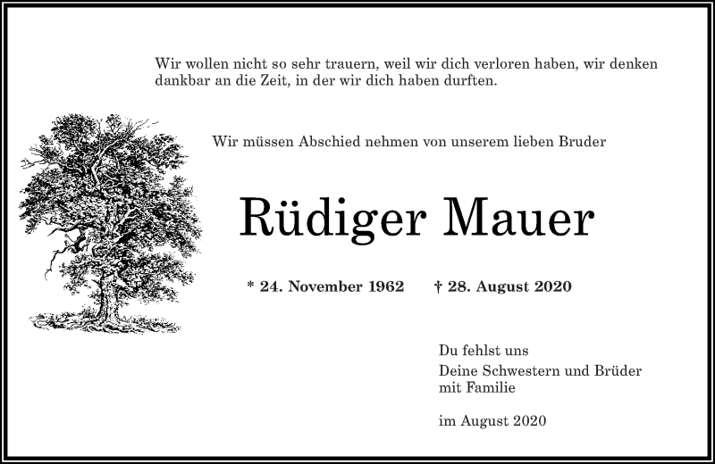  Traueranzeige für Rüdiger Mauer vom 03.09.2020 aus Westerwälder Zeitung