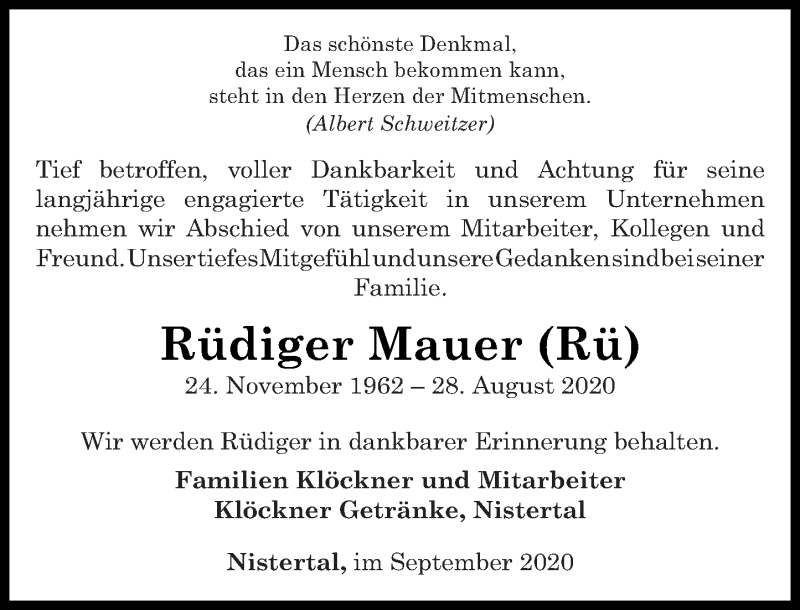  Traueranzeige für Rüdiger Mauer vom 03.09.2020 aus Westerwälder Zeitung