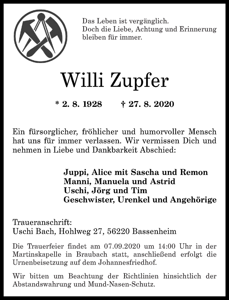 Traueranzeigen Von Willi Zupfer Rz Trauer De