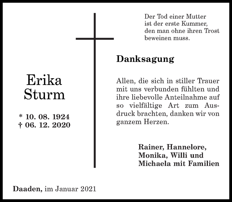 Traueranzeigen Von Erika Sturm Rz Trauer De