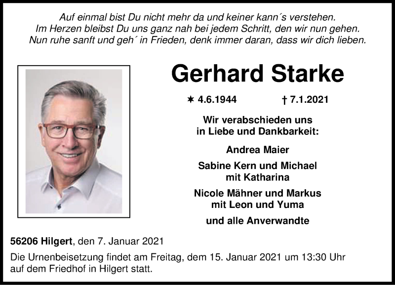  Traueranzeige für Gerhard Starke vom 09.01.2021 aus Rhein-Zeitung