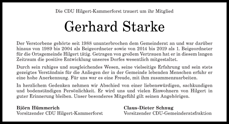  Traueranzeige für Gerhard Starke vom 09.01.2021 aus Westerwälder Zeitung
