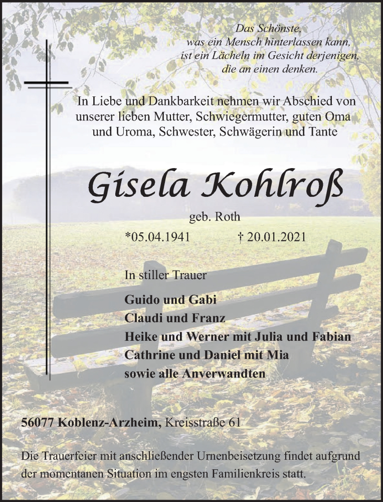  Traueranzeige für Gisela Kohlroß vom 23.01.2021 aus Rhein-Zeitung
