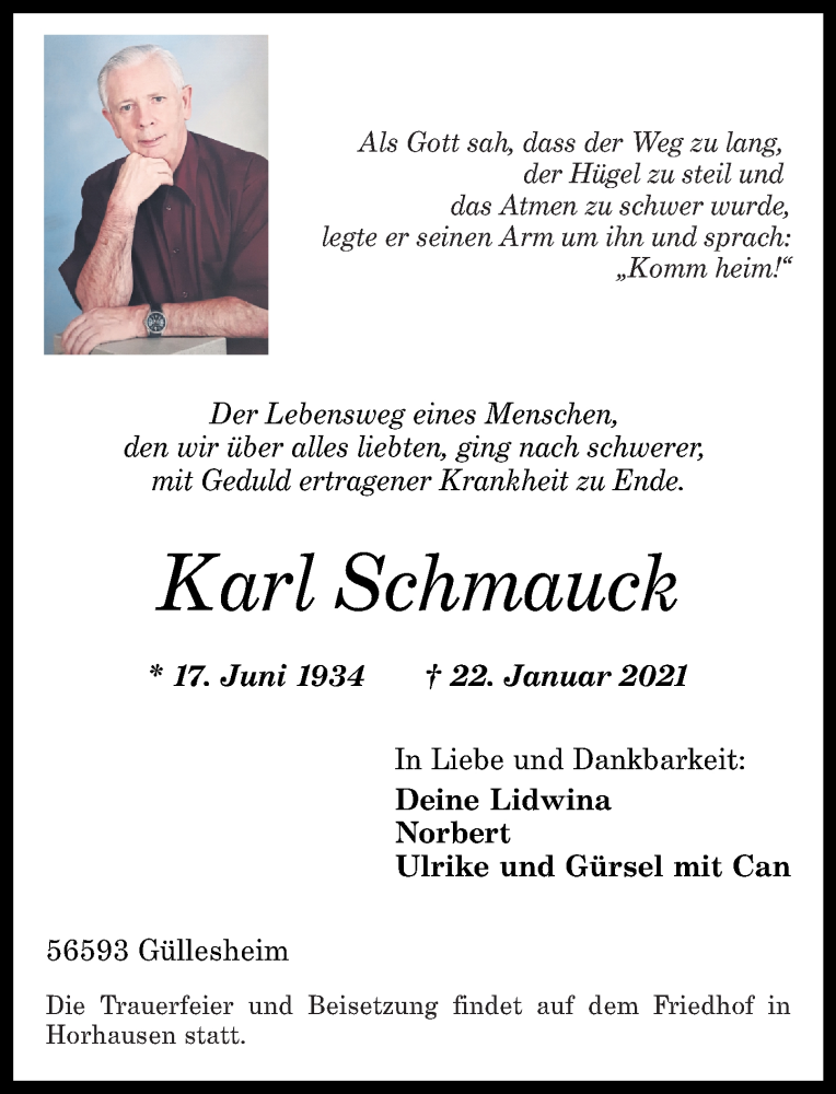  Traueranzeige für Karl Schmauck vom 26.01.2021 aus Rhein-Zeitung