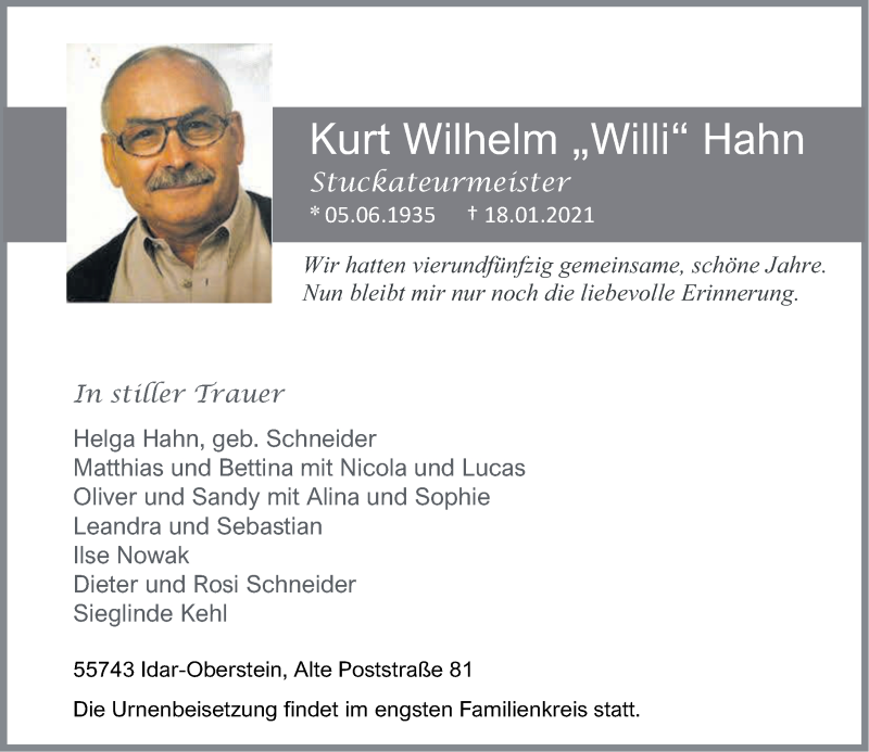  Traueranzeige für Kurt Wilhelm Hahn vom 23.01.2021 aus Nahe-Zeitung