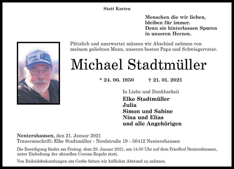  Traueranzeige für Michael Stadtmüller vom 23.01.2021 aus Rhein-Zeitung