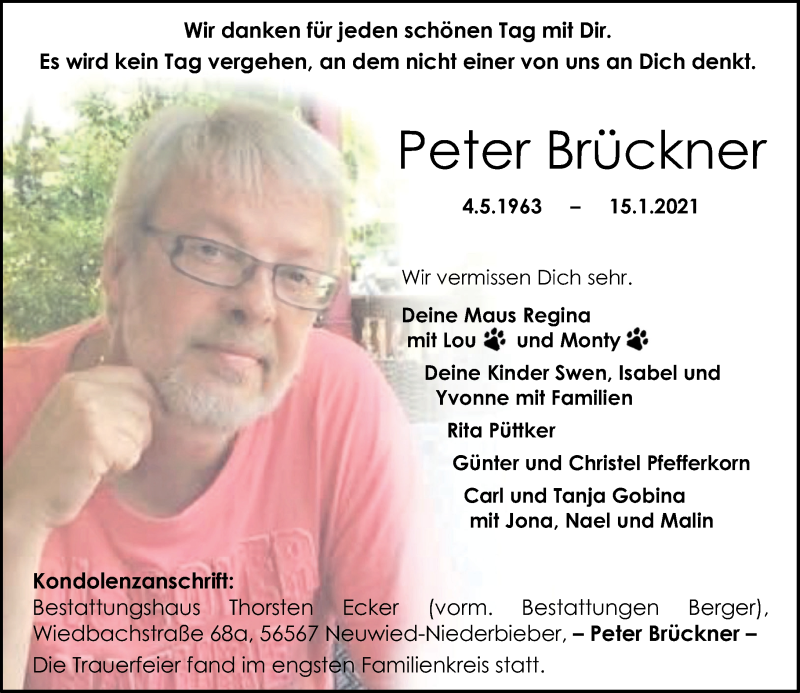  Traueranzeige für Peter Brückner vom 23.01.2021 aus Rhein-Zeitung