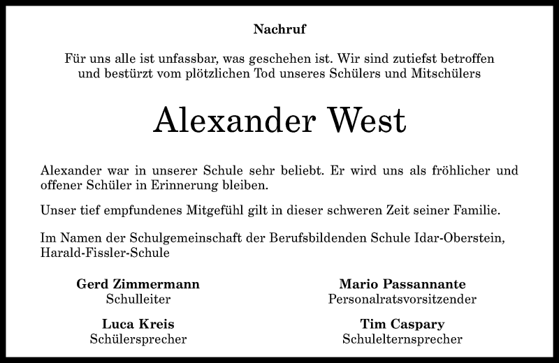  Traueranzeige für Alexander West vom 02.10.2021 aus Nahe-Zeitung