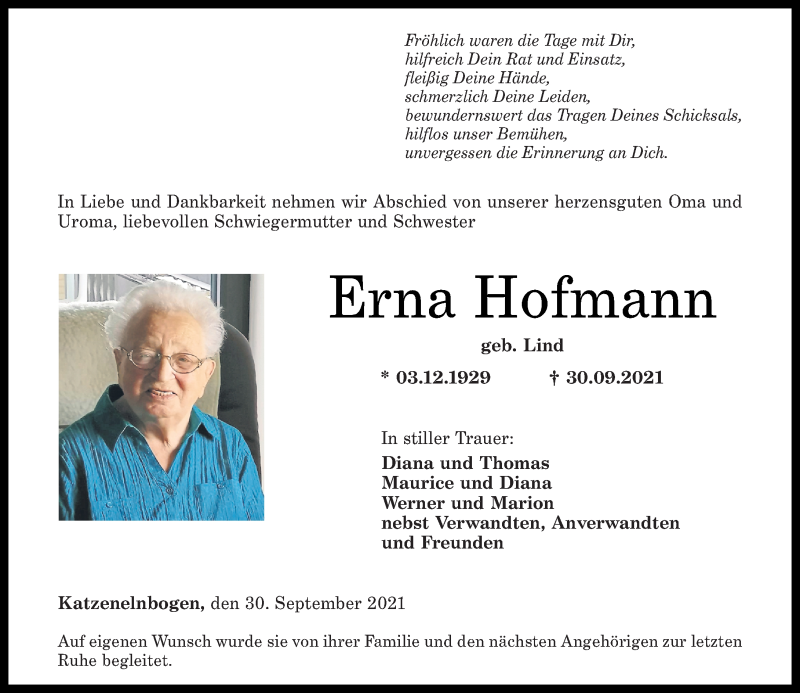 Traueranzeigen von Erna Hofmann | rz-trauer.de