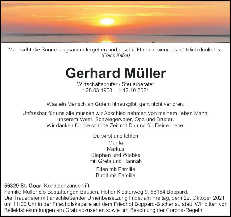  Traueranzeige für Gerhard Müller vom 16.10.2021 aus Rhein-Hunsrück-Zeitung