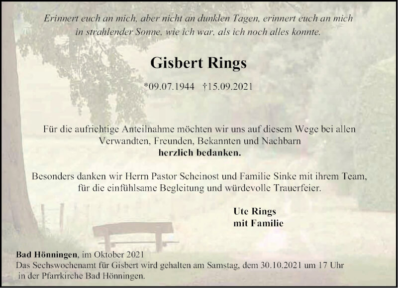  Traueranzeige für Gisbert Rings vom 30.10.2021 aus Rhein-Zeitung