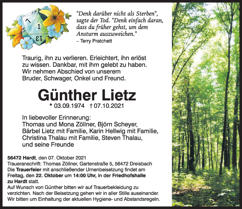 Traueranzeige für Günther Lietz vom 19.10.2021 aus Westerwälder Zeitung
