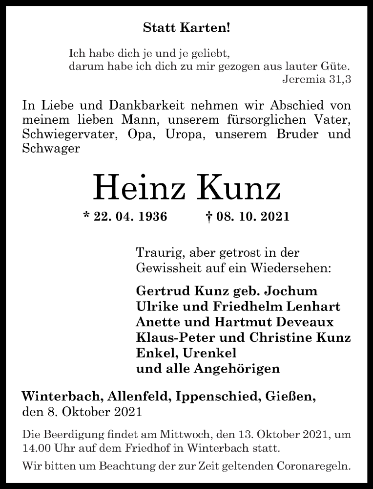 Traueranzeigen Von Heinz Kunz Rz Trauer De