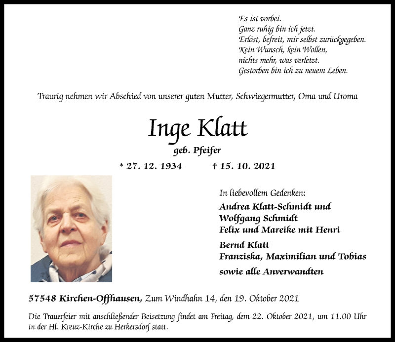  Traueranzeige für Inge Klatt vom 19.10.2021 aus Rhein-Zeitung