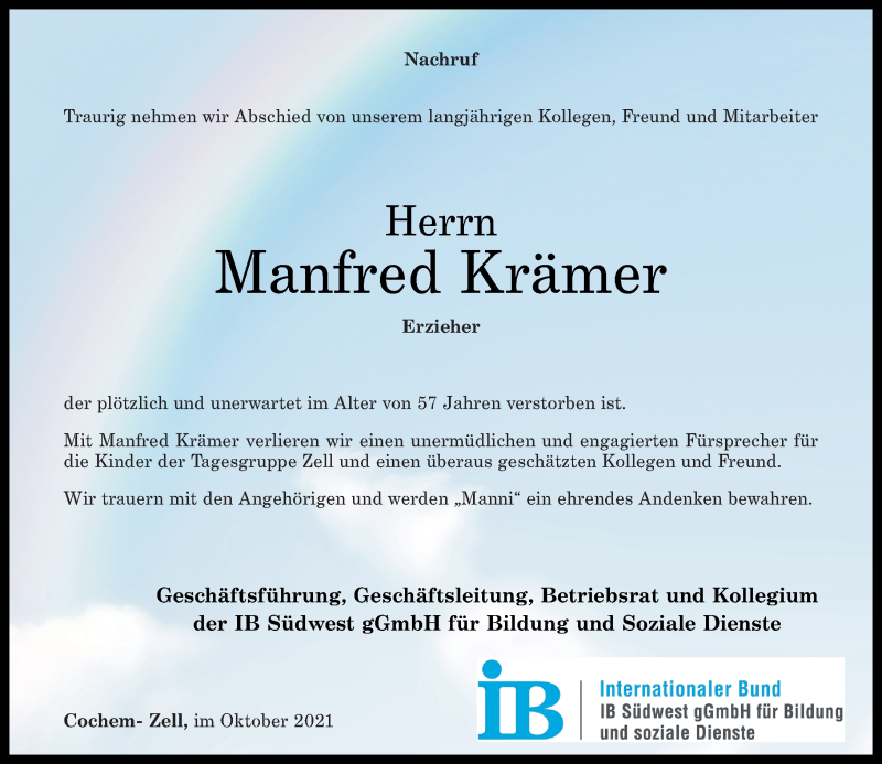  Traueranzeige für Manfred Krämer vom 14.10.2021 aus Rhein-Zeitung