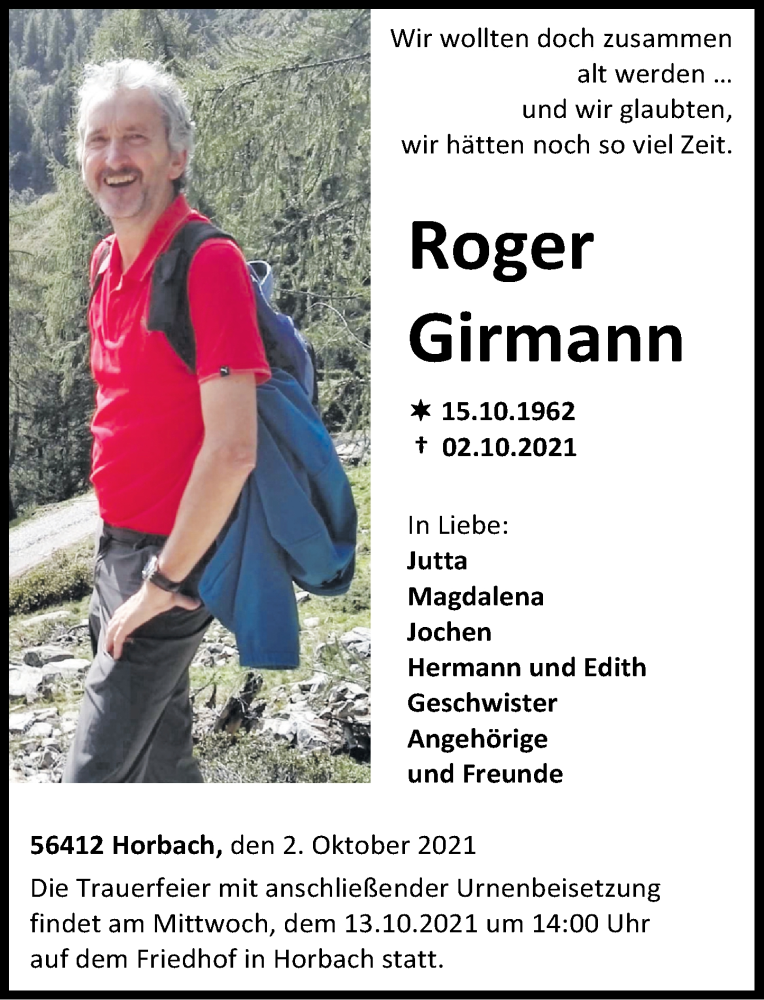  Traueranzeige für Roger Girmann vom 09.10.2021 aus Westerwälder Zeitung