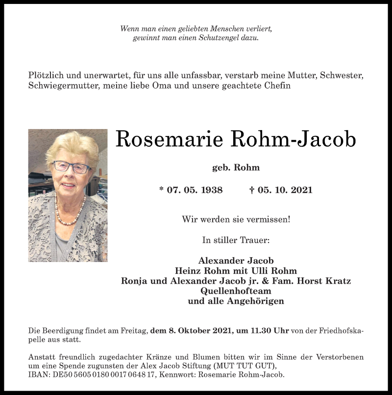 Traueranzeigen von Rosemarie Rohm-Jacob | rz-trauer.de